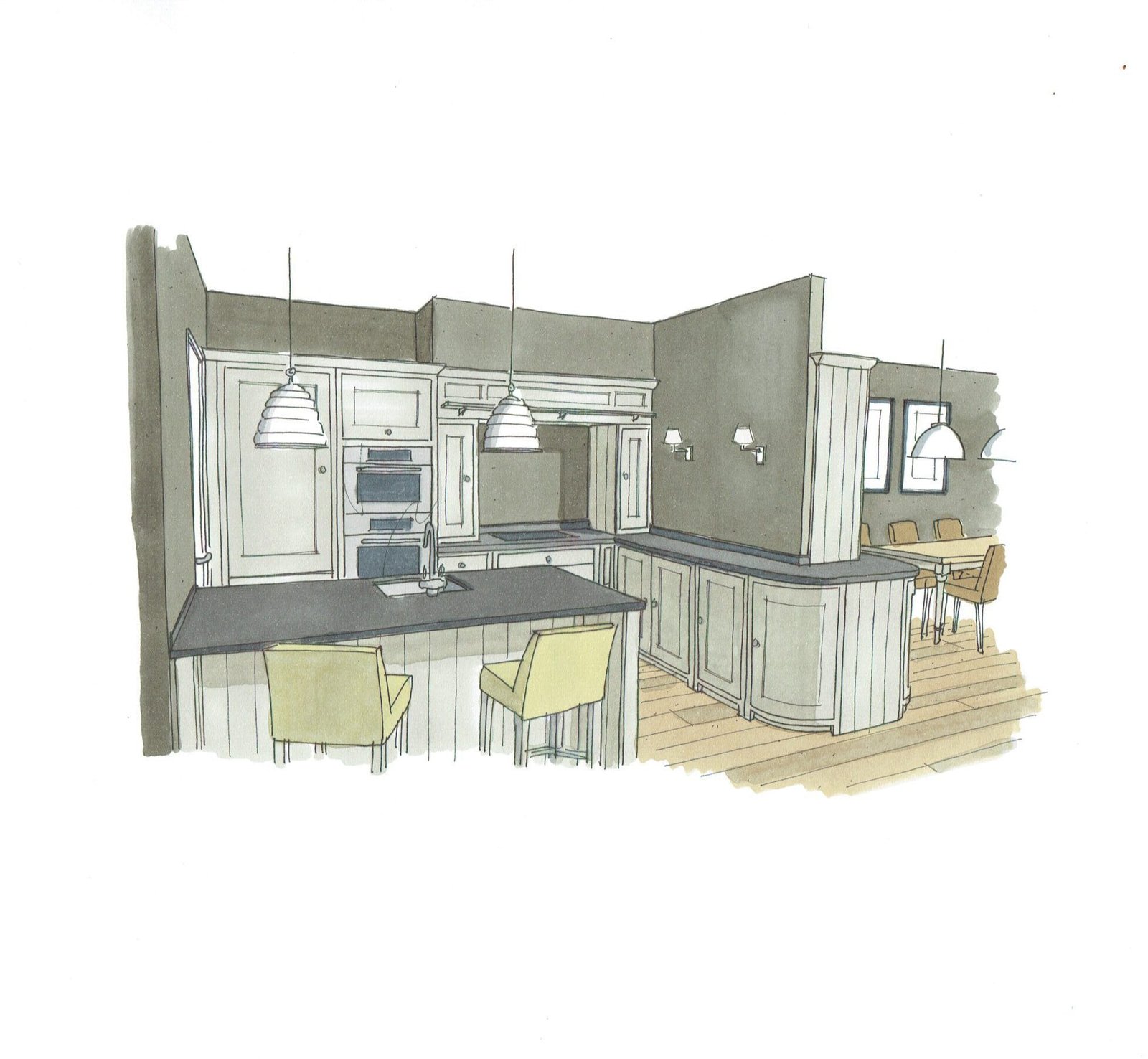 Architectonische tekening van een op maat gemaakte keuken – ontwerp en interieurvisualisatie door Aannemersbedrijf Marco Graafland.