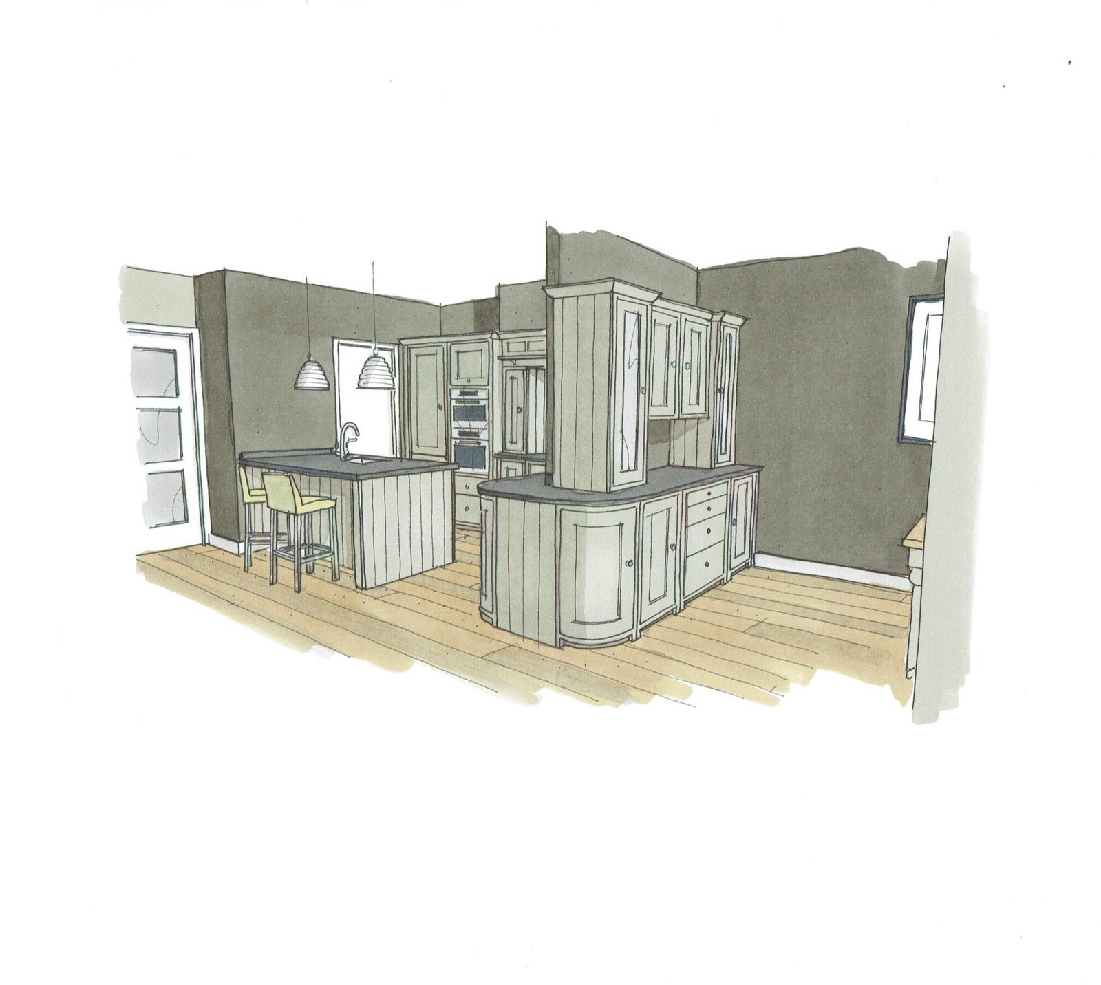Architectonische tekening van een op maat gemaakte keuken – ontwerp en interieurvisualisatie door Aannemersbedrijf Marco Graafland.